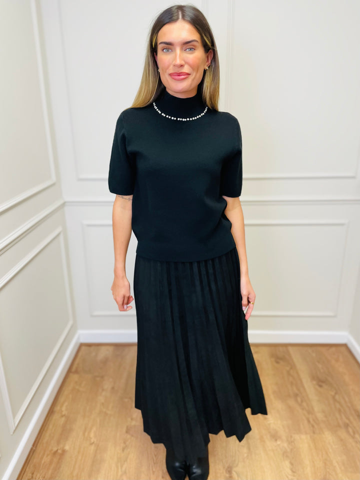 "PEARL” Short Sleeve Fine Knit-Black