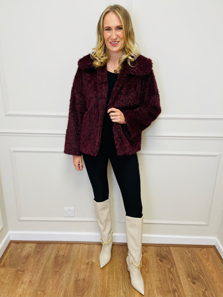 "KATE" Faux Fur Coat-Burgundy