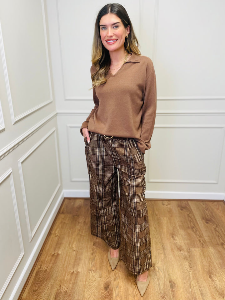 "ALANI" Check Print Trouser-Brown/Cream & Navy