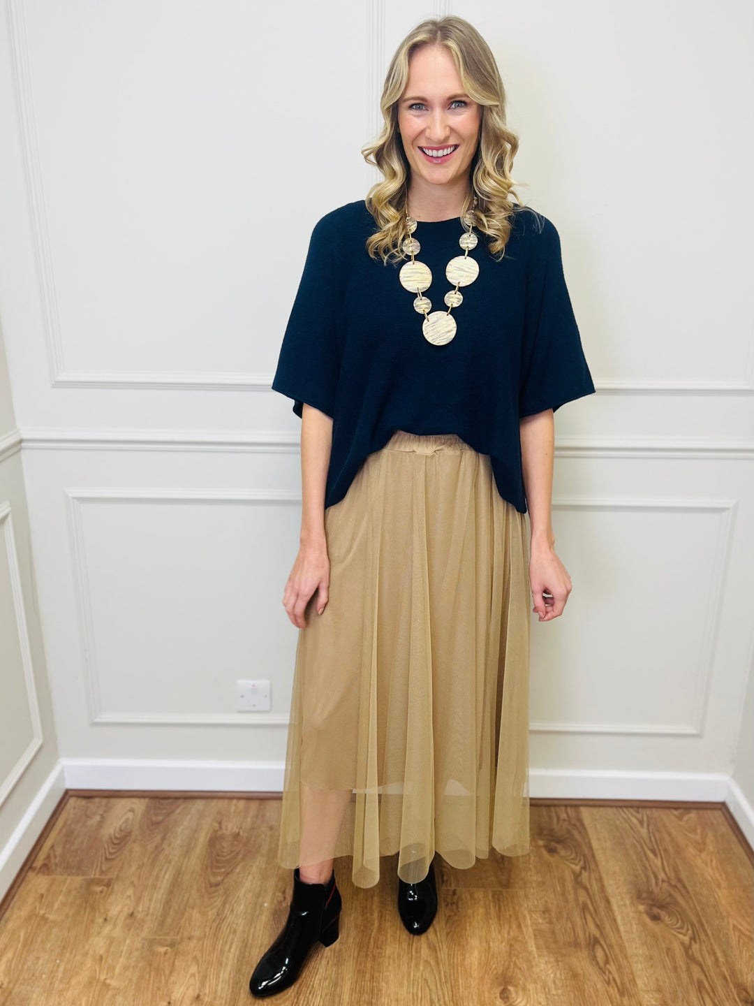 "ALICE” Short Sleeve Fine Knit-Navy