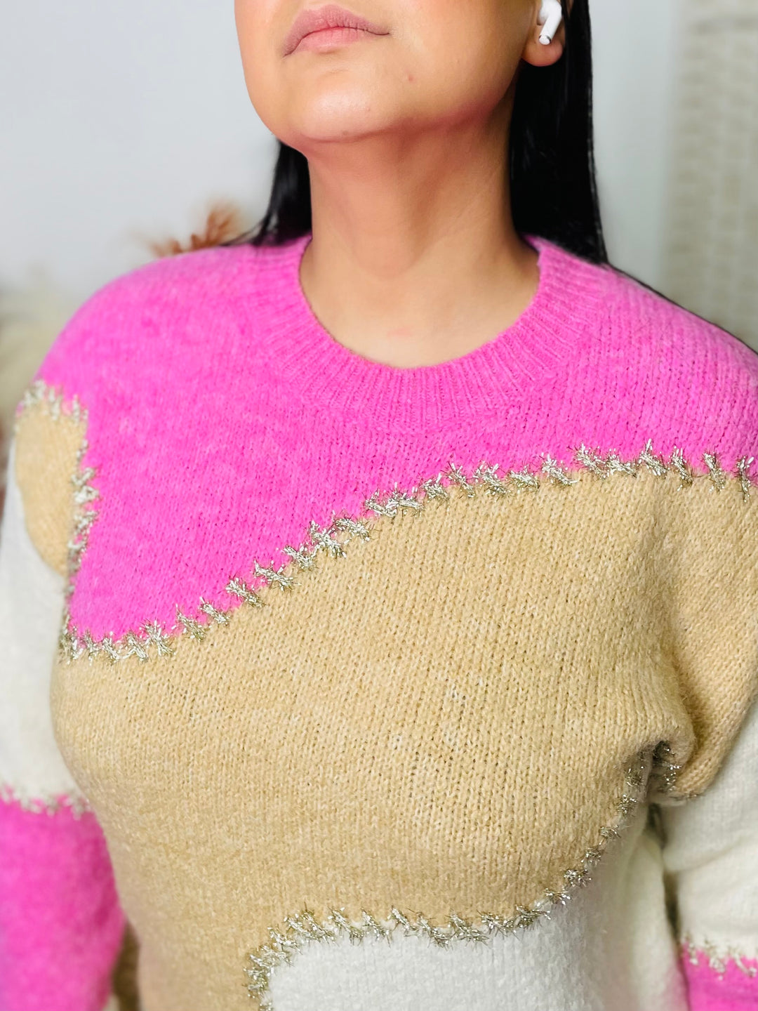 "MARGOT" Sparkle Jumper-Cream/Pink & Tan