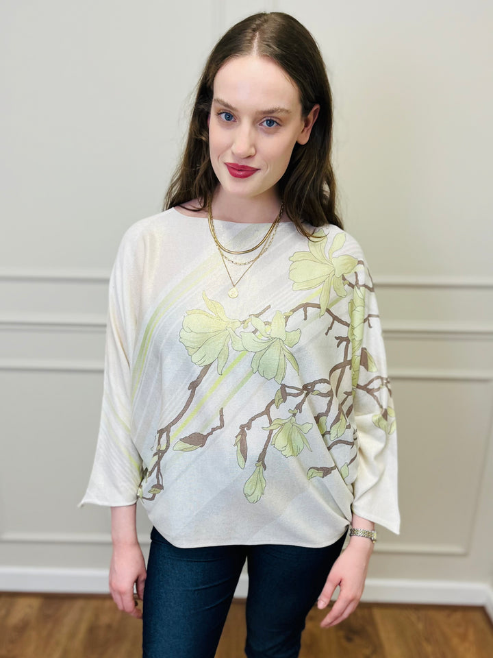 "SPRING" Floral Print Fine Knit-Cream & Green