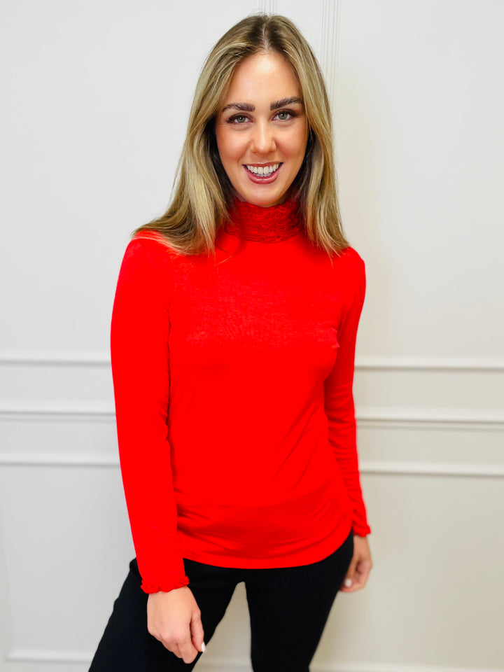 "LIVIA" Ruffle Polo Neck Top-Red