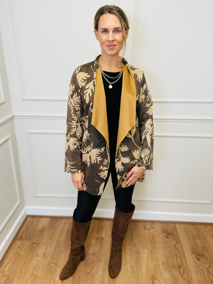 "PAULA" Floral Print Waterfall Jacket-Tan & Brown