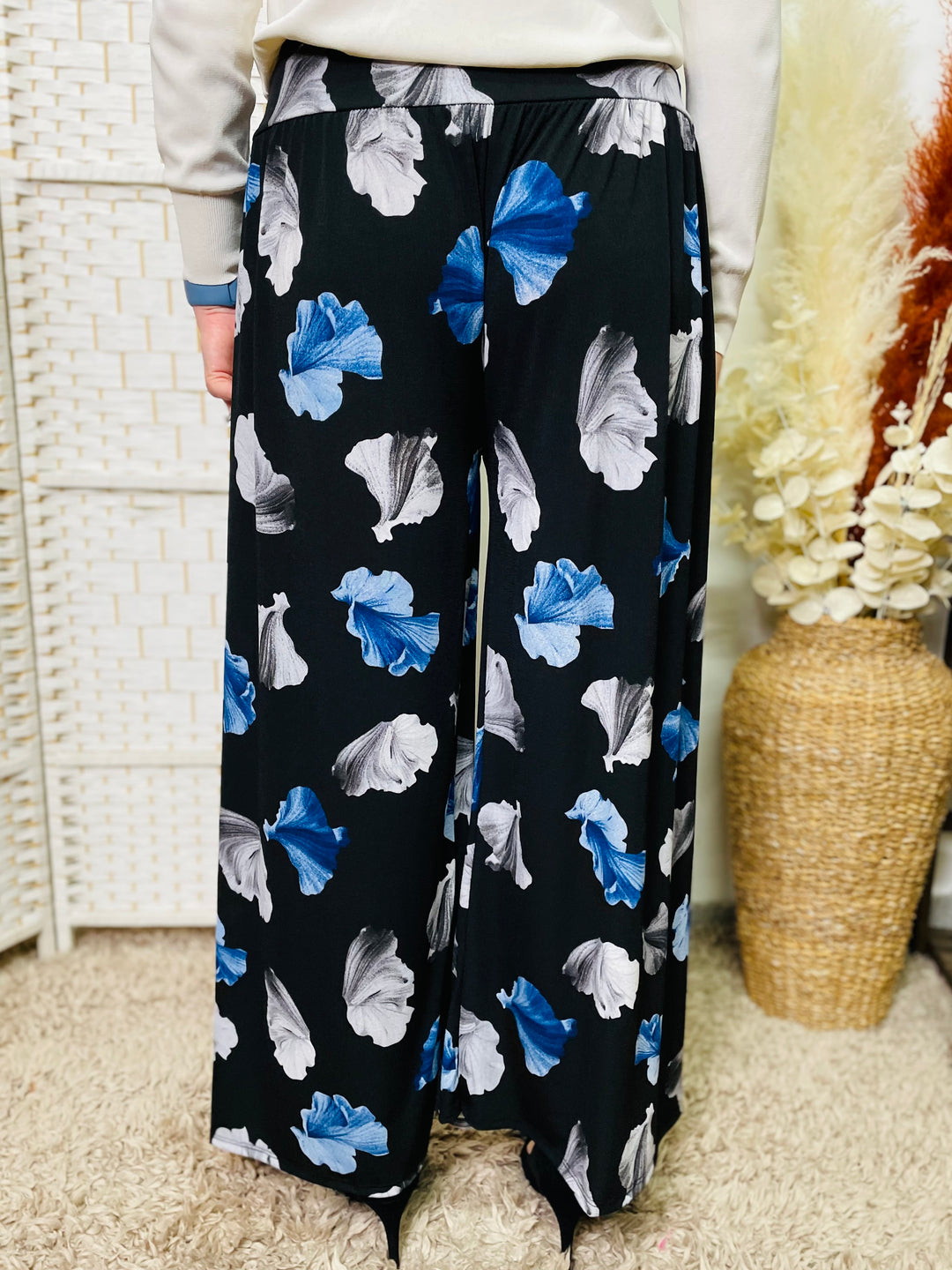 "ROSA" Floral Print Trousers-Black & Blue