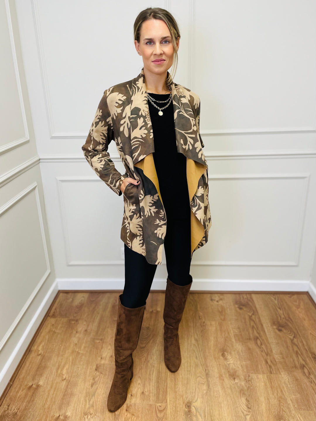 "PAULA" Floral Print Waterfall Jacket-Tan & Brown