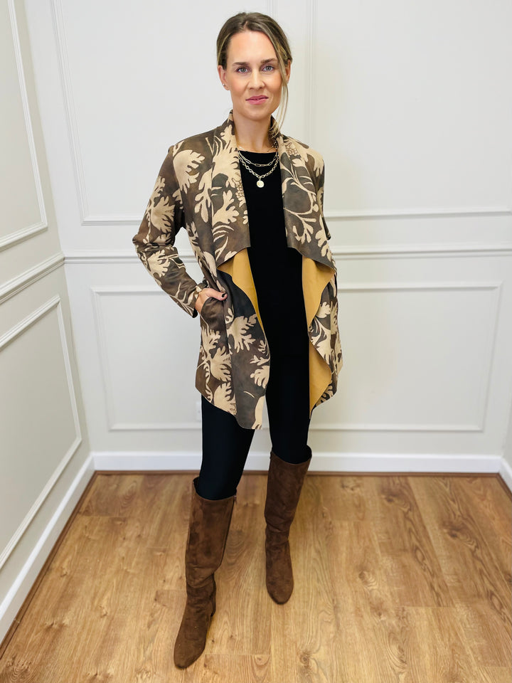 "PAULA" Floral Print Waterfall Jacket-Tan & Brown