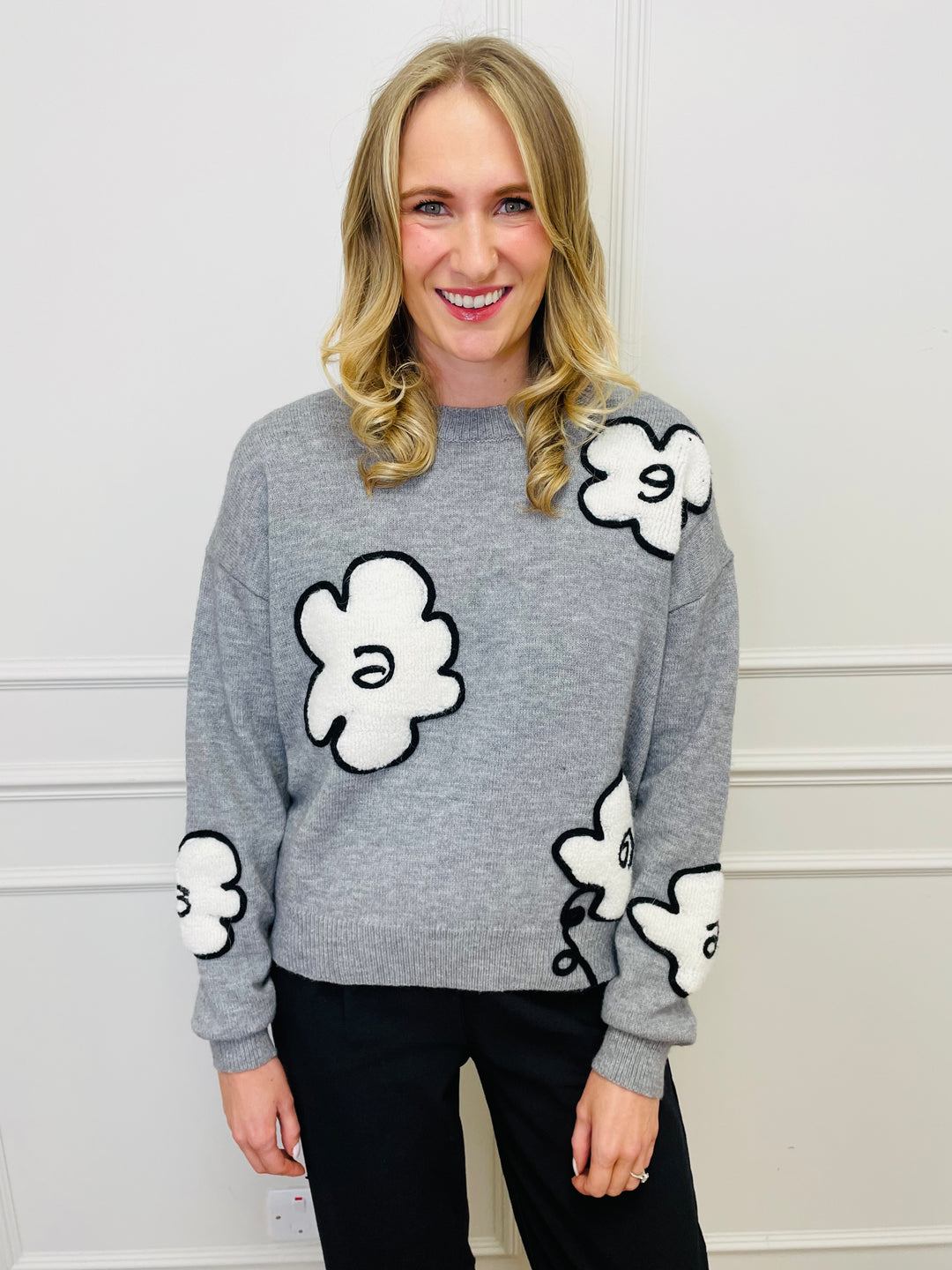 "FLORA" Embroidered Floral Jumper-Grey