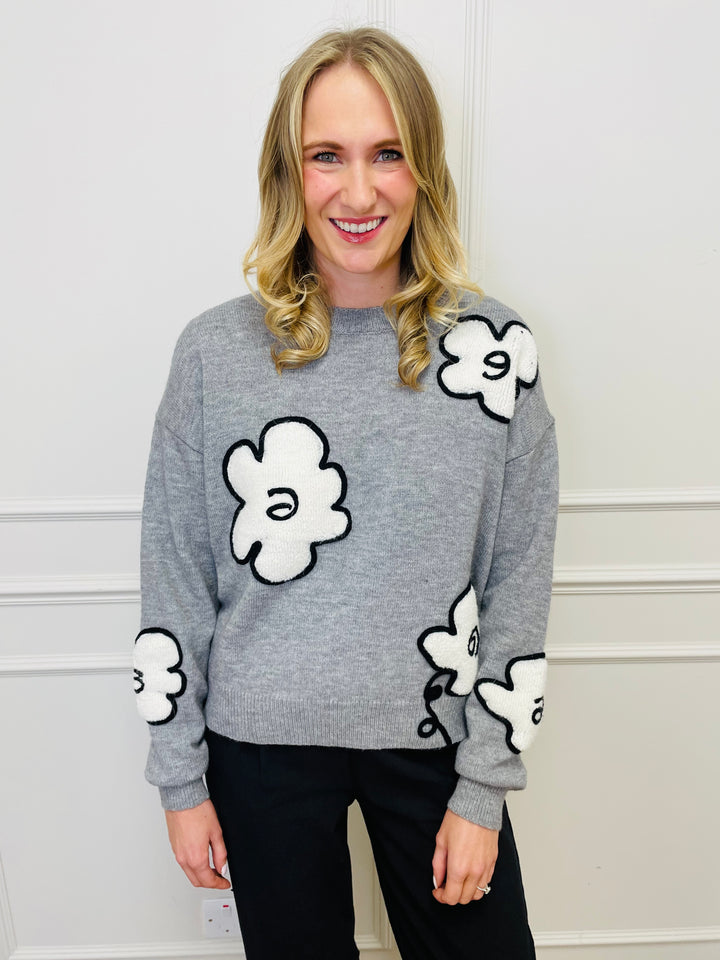 "FLORA" Embroidered Floral Jumper-Grey