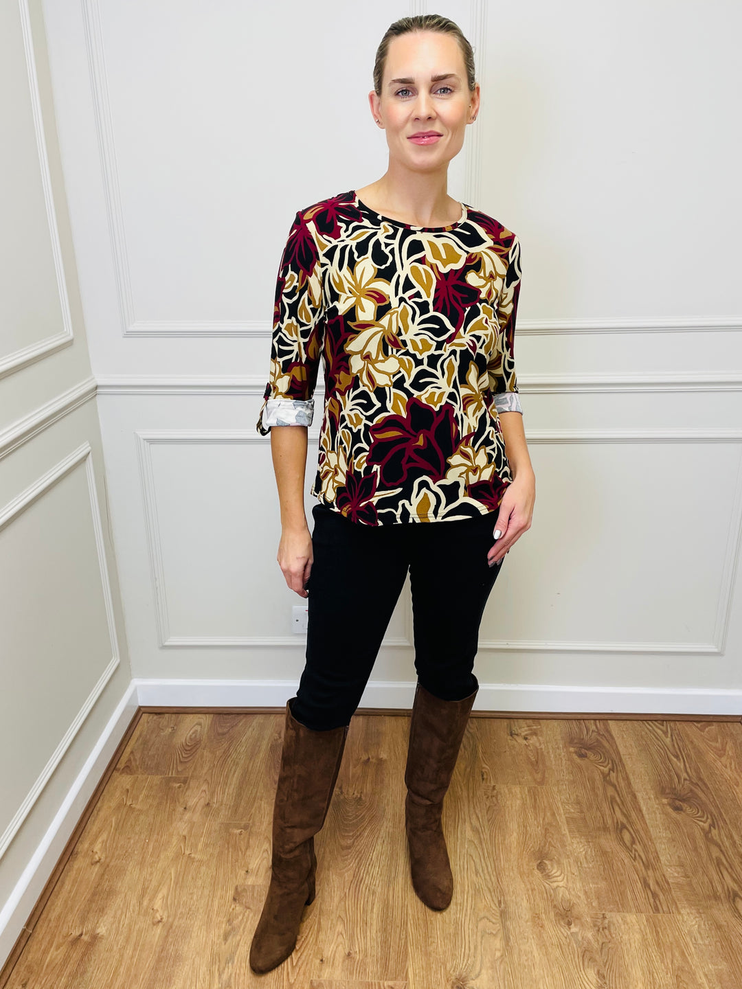 "ANNA" Floral Print Blouse-Burgundy & Multicolour