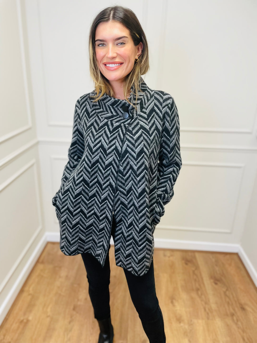 "CELINE" Chevron Coatigan-Black & Grey