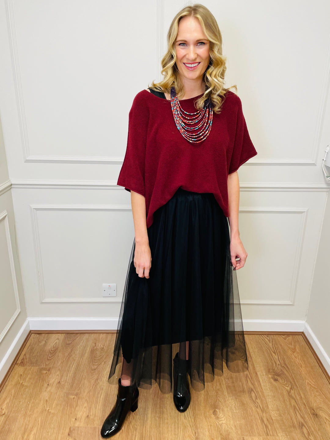 "ALICE” Short Sleeve Fine Knit-Burgundy