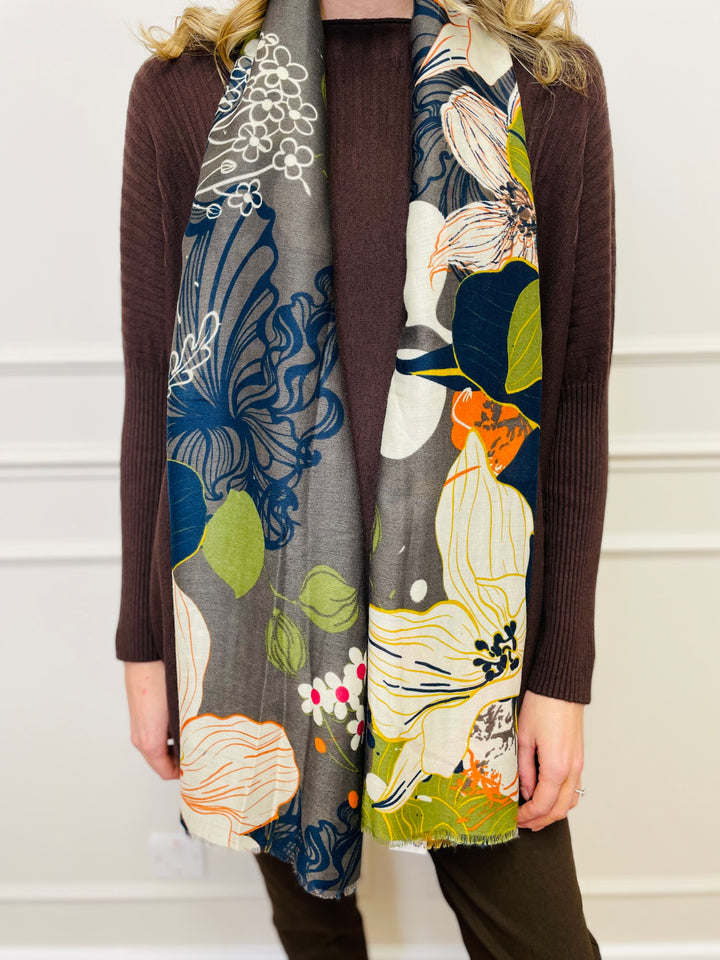 No.118 Artistic Print Scarf-Grey & Multicolour