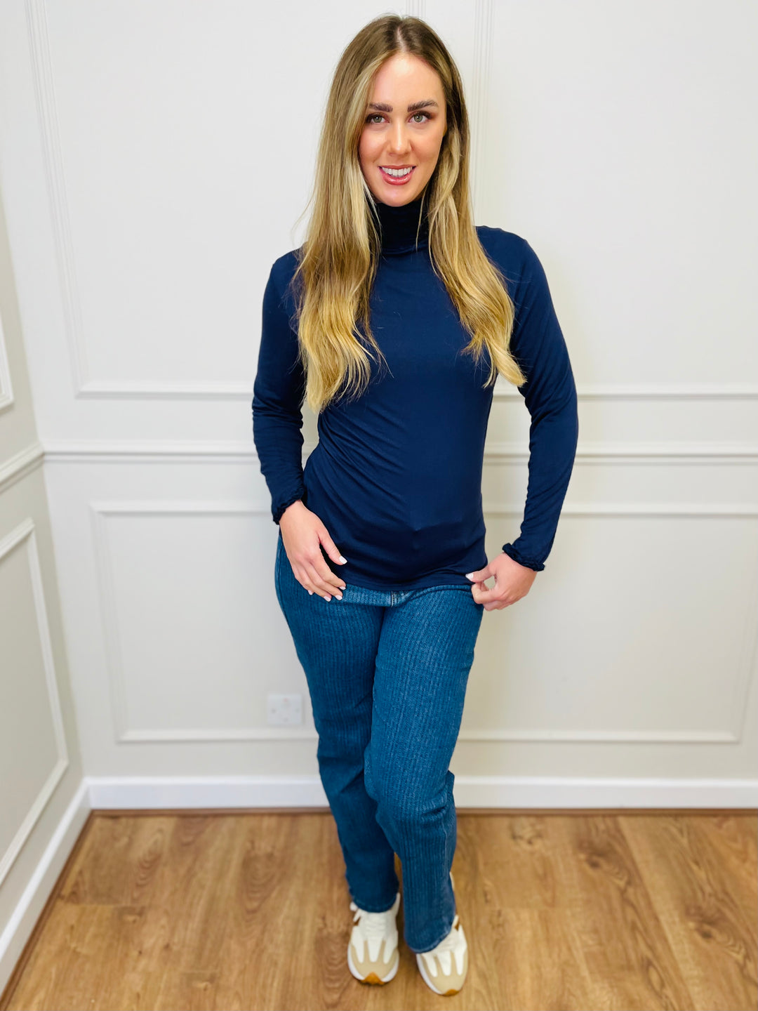 "LIVIA" Ruffle Polo Neck Top-Navy