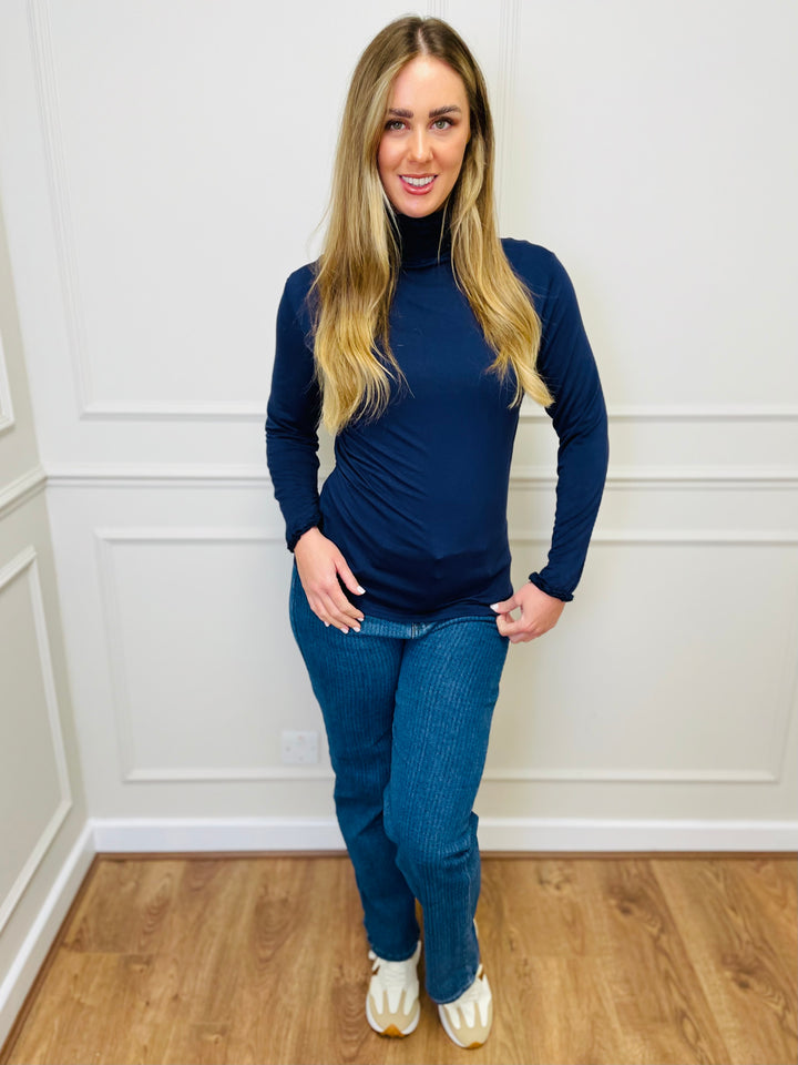 "LIVIA" Ruffle Polo Neck Top-Navy