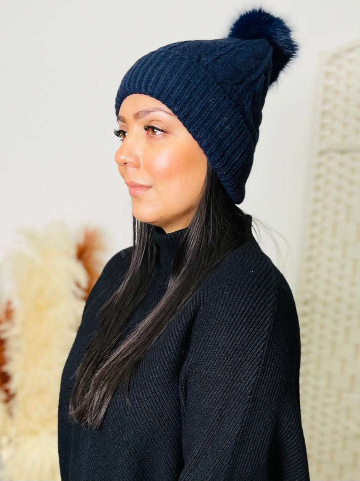 Navy Knit Faux Fur Pom Hat