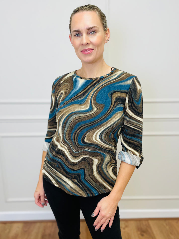 "ANNA" Printed Jersey Top-Teal & Tan