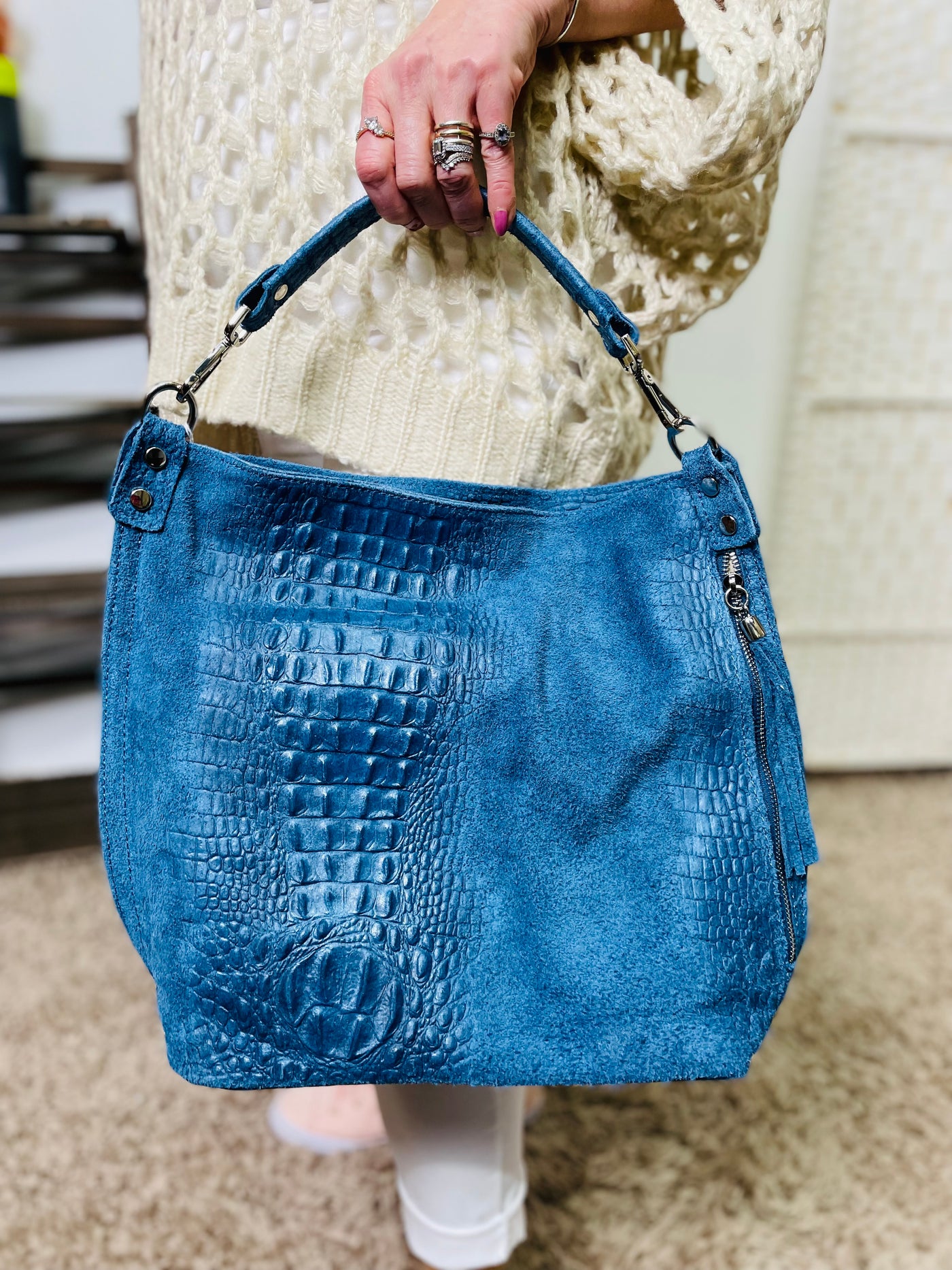 "RILEY" Leather Tote Handbag-Denim Blue