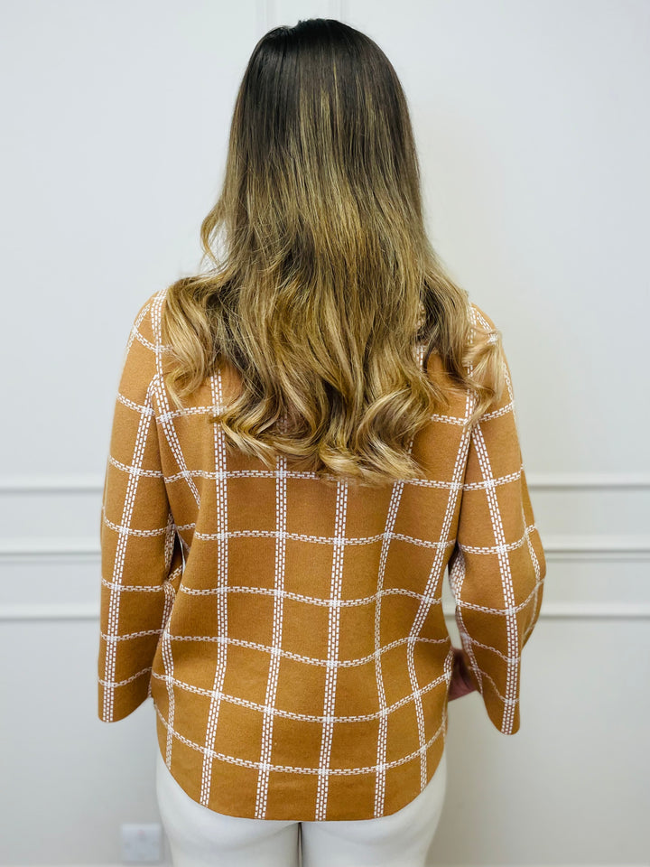 "CELINE" Windowpane Check Cardigan-Tan & White