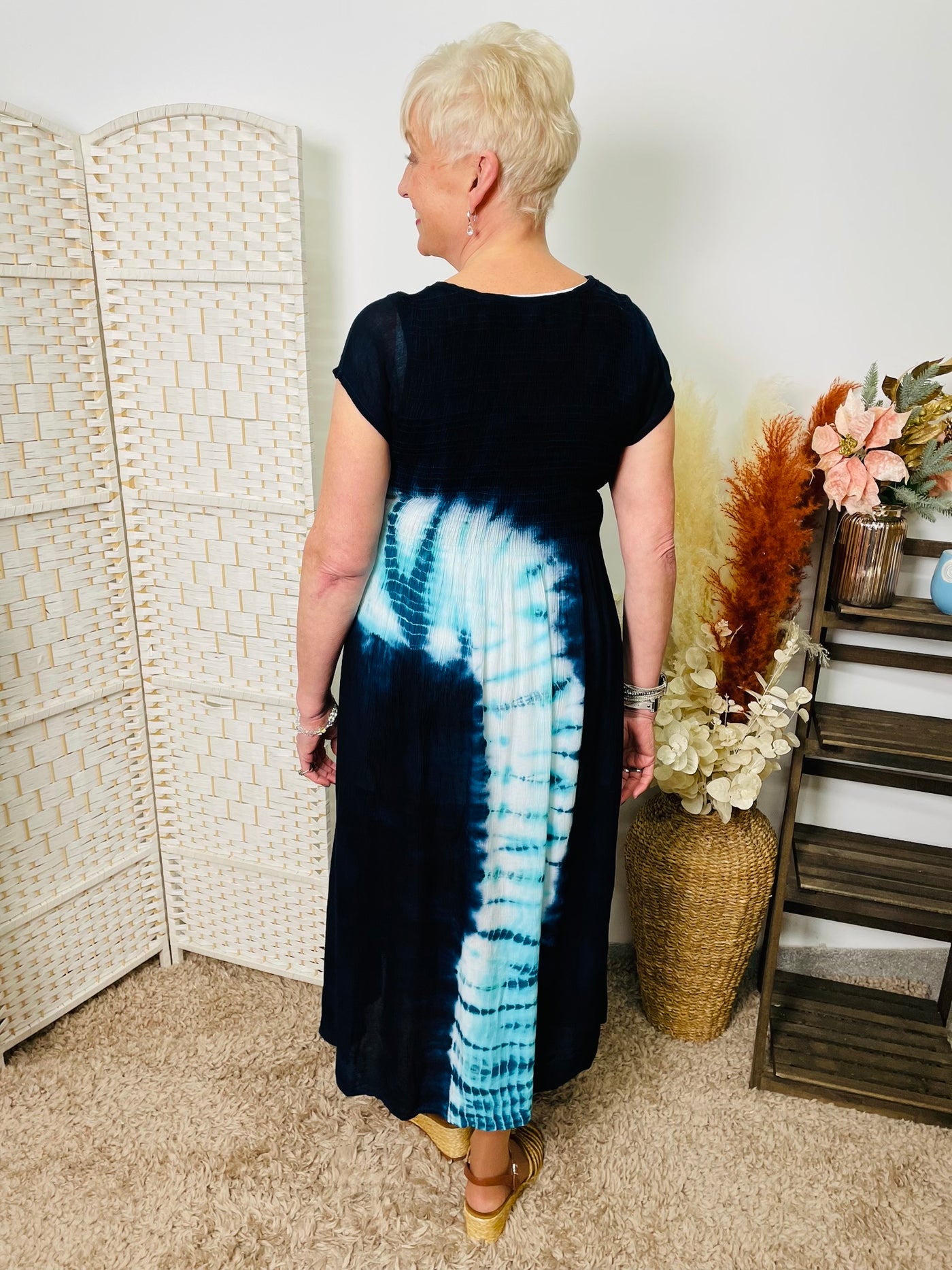 "GLORIA" Tie Dye Print Dress-Black & Blue