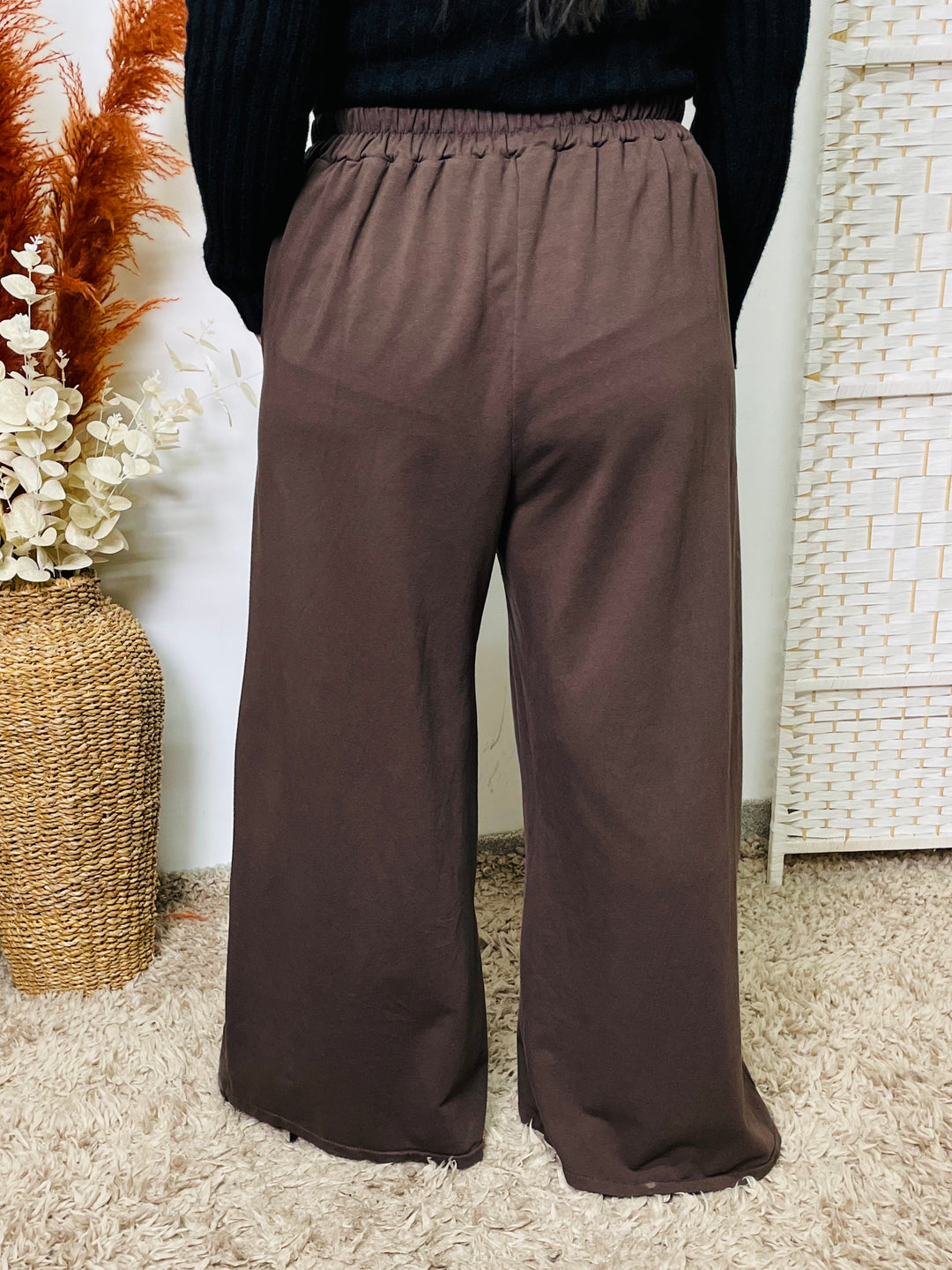 "MAGGIE" Wide Leg Cotton Trousers-Brown