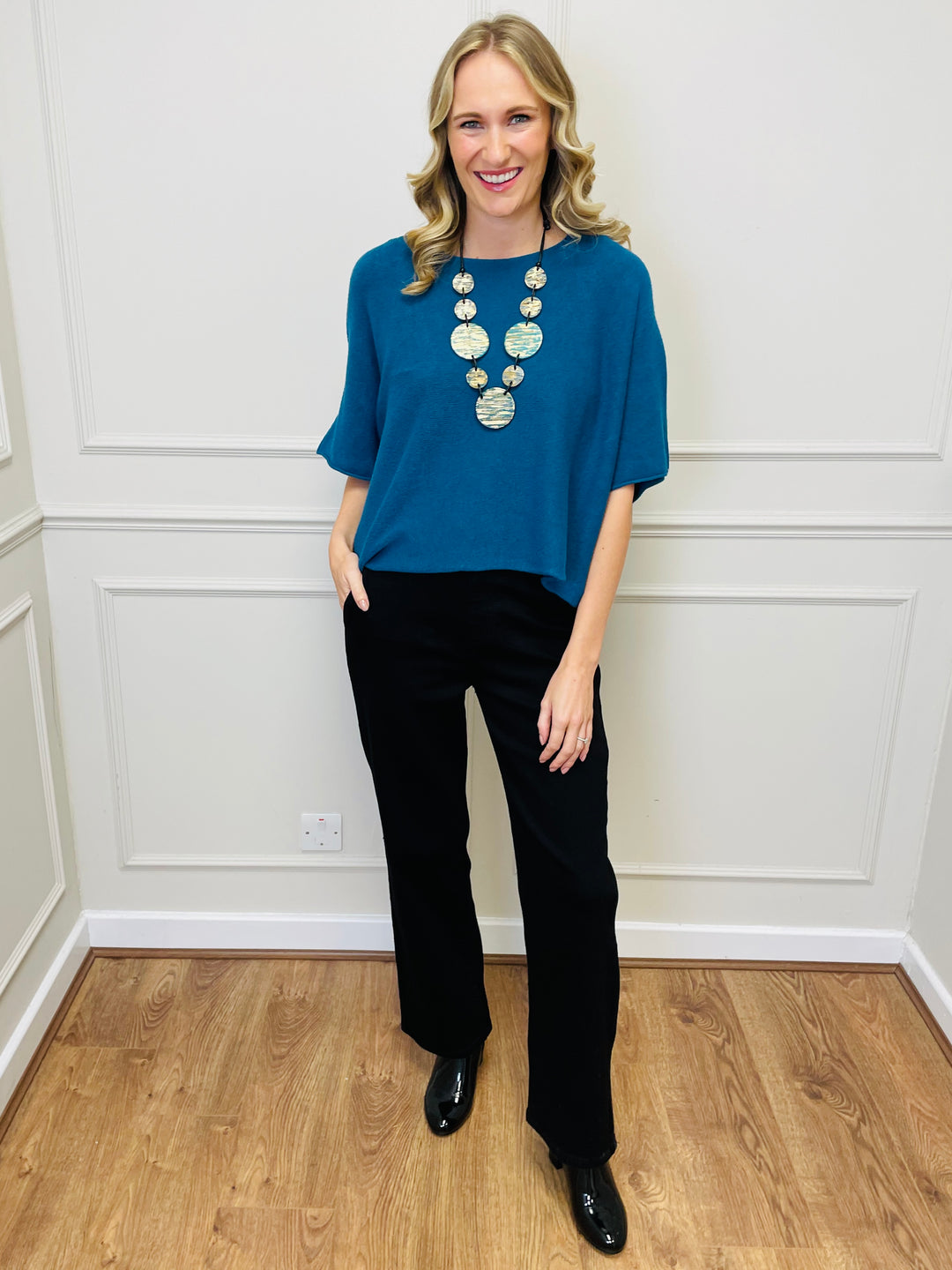 "ALICE” Short Sleeve Fine Knit-Teal