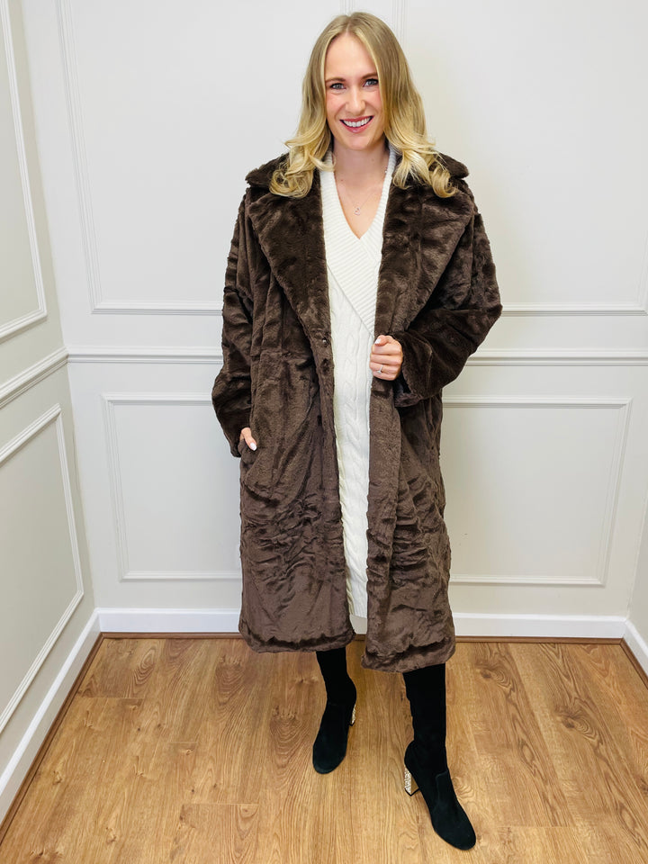 "NATALIA" Longline Fur Coat-Brown