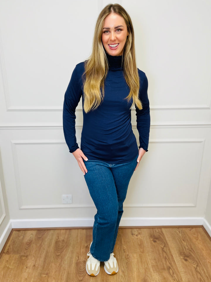 "LIVIA" Ruffle Polo Neck Top-Navy