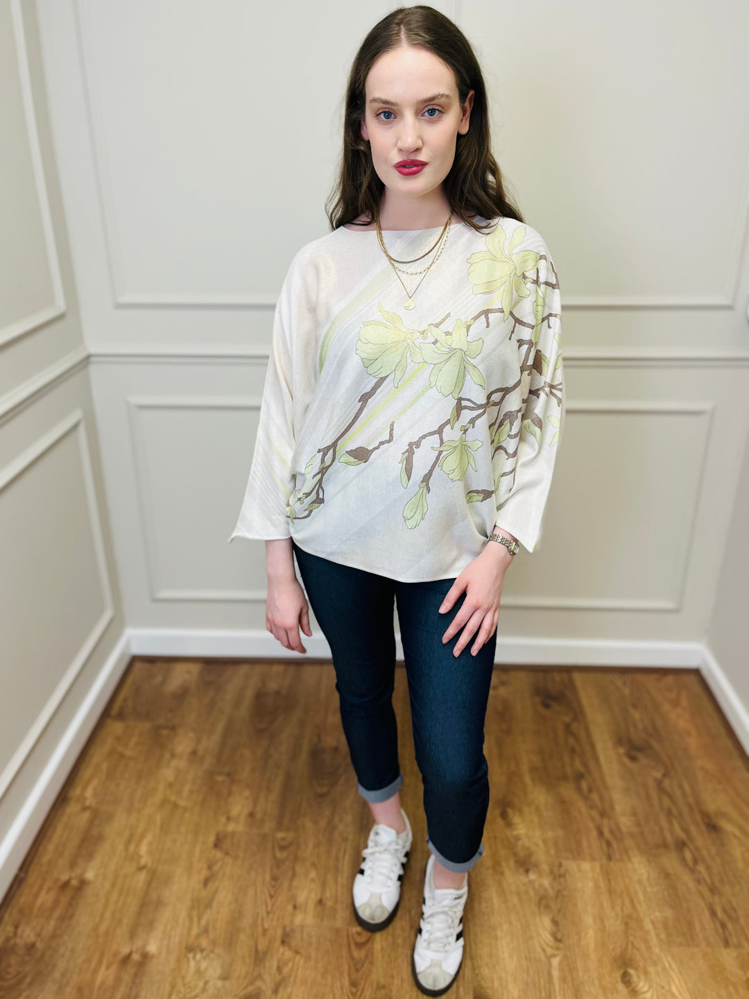 "SPRING" Floral Print Fine Knit-Cream & Green