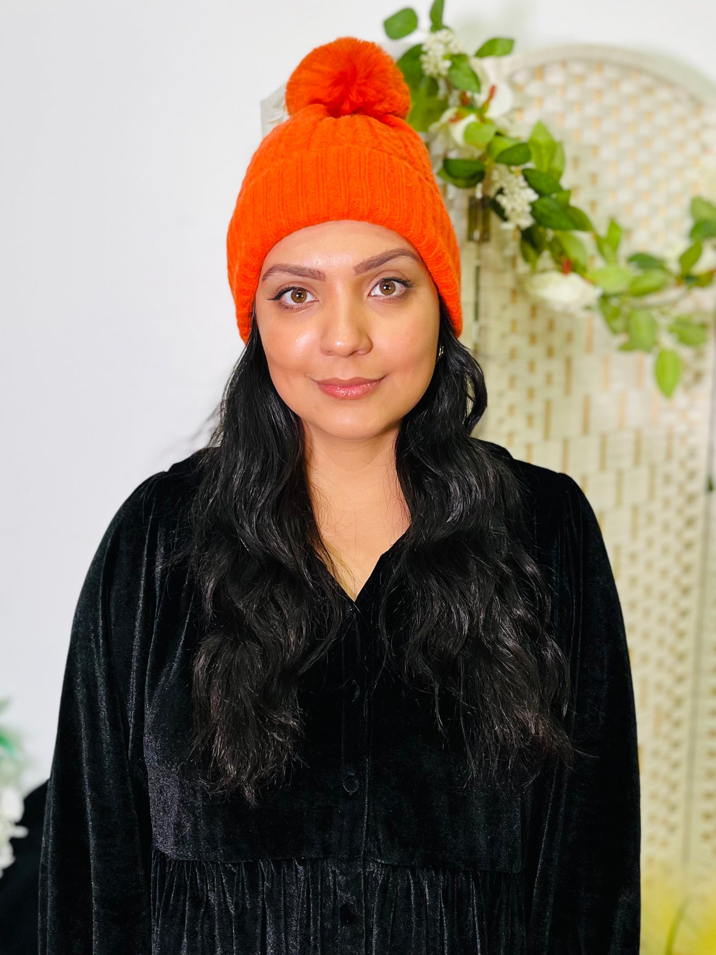 Orange Knit Faux Fur Pom Hat