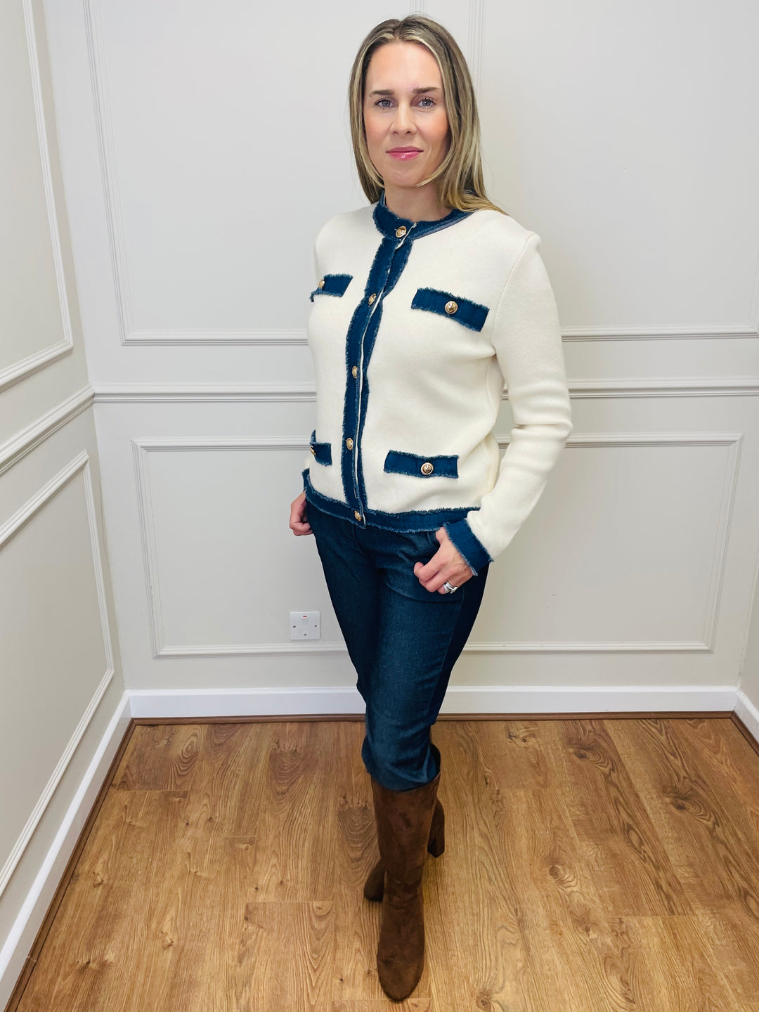 "COCO" Contrast Trim Jacket-Cream & Dark Denim