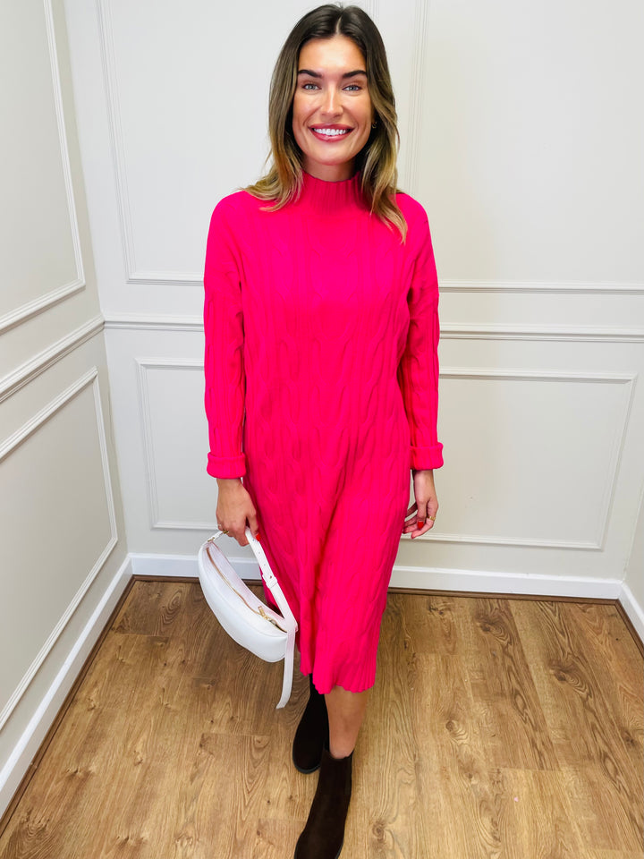"ELY" Cable Knit Midi Dress-Cerise Pink