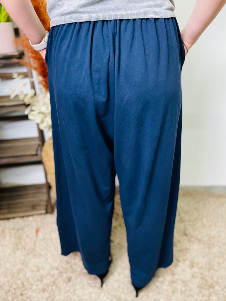 "GWEN" Wide Leg Cotton Trousers-Navy