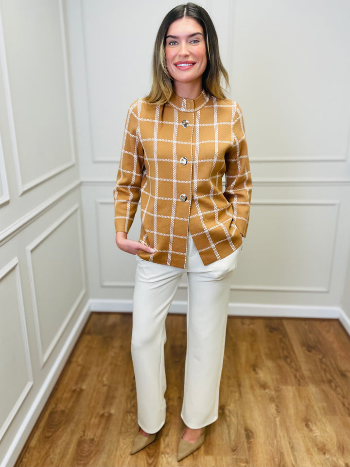 "CELINE" Windowpane Check Cardigan-Tan & White