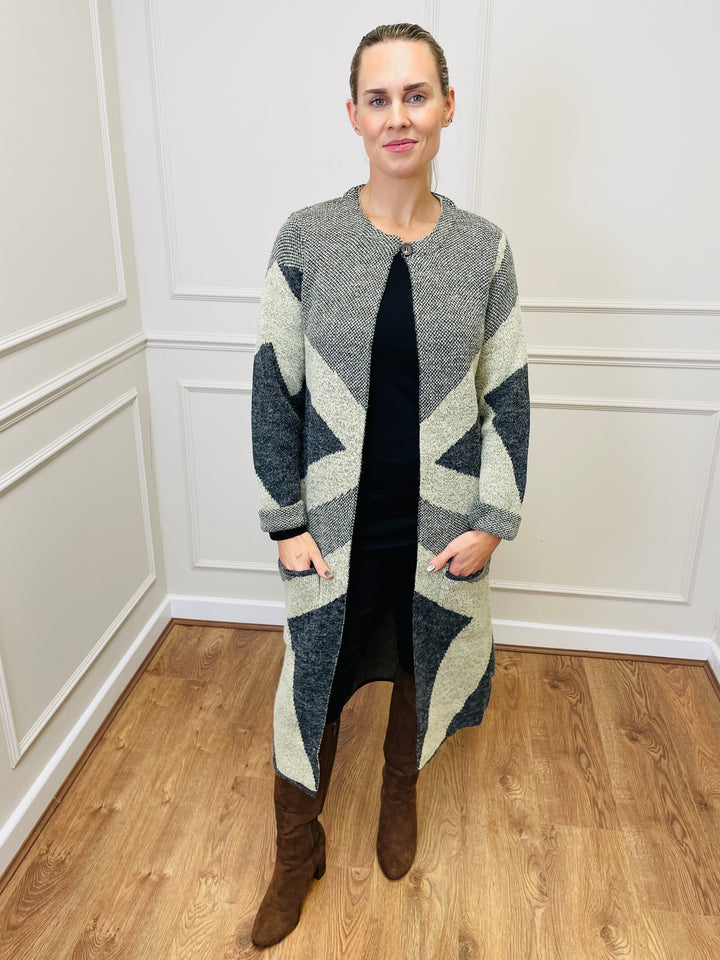 "NANCY" Longline Coatigan-Grey & Stone