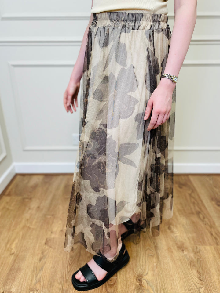 "IZZY" Floral Print Tulle Skirt-Cream & Black