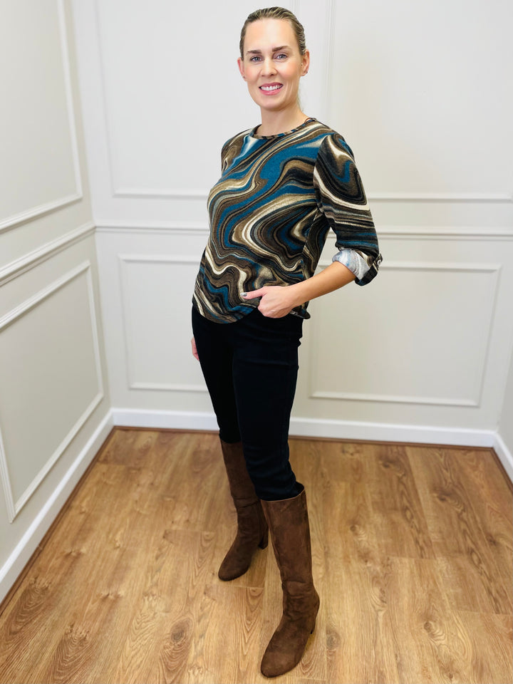 "ANNA" Printed Jersey Top-Teal & Tan