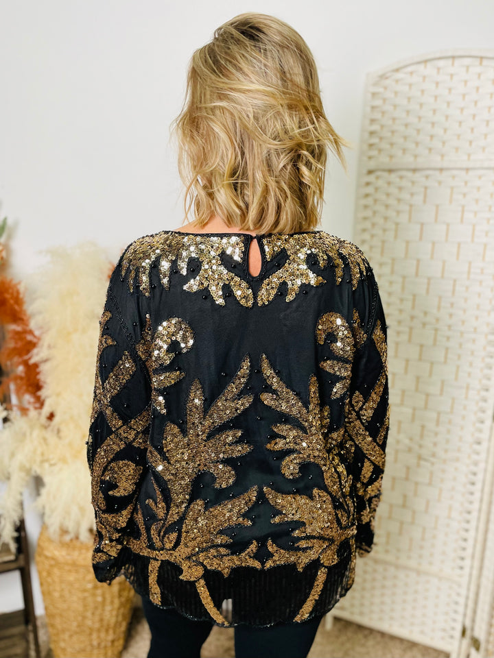 "SHAY" Sequin Blouse-Black & Gold