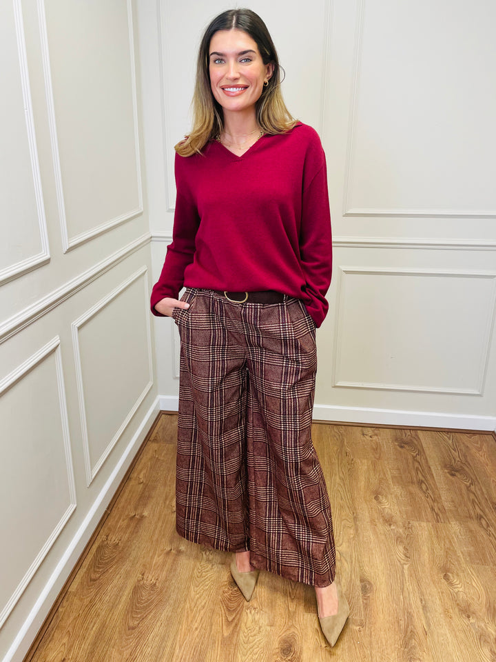"ALANI" Check Print Trouser-Burgundy/Cream & Navy