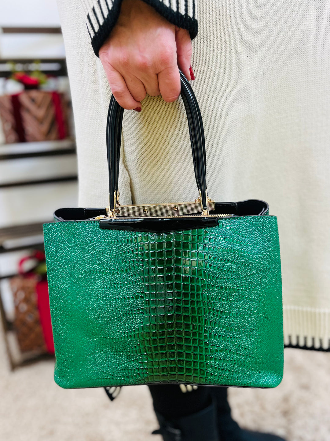Croc Print Handbag Green Black