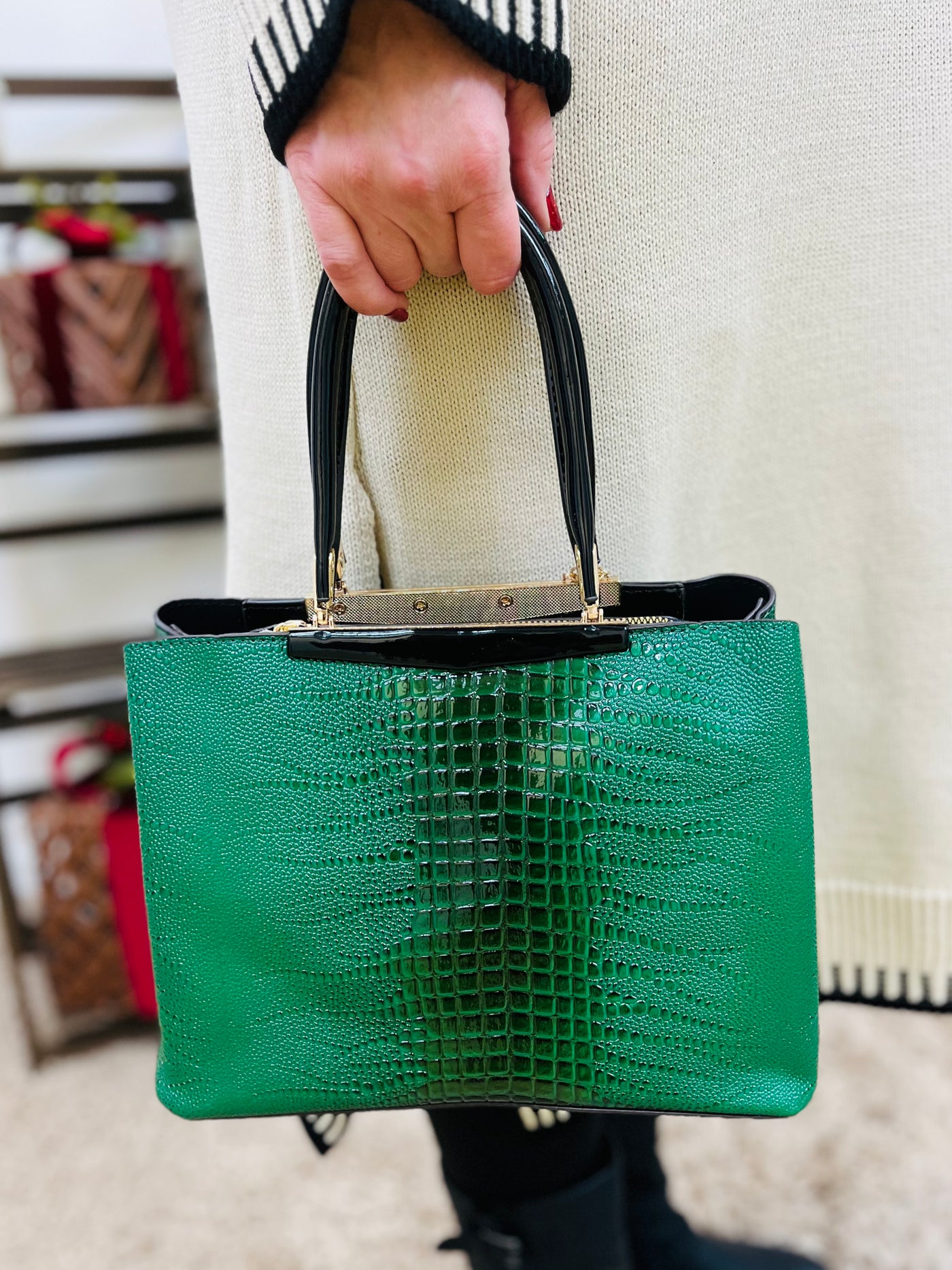 Croc Print Handbag-Green & Black
