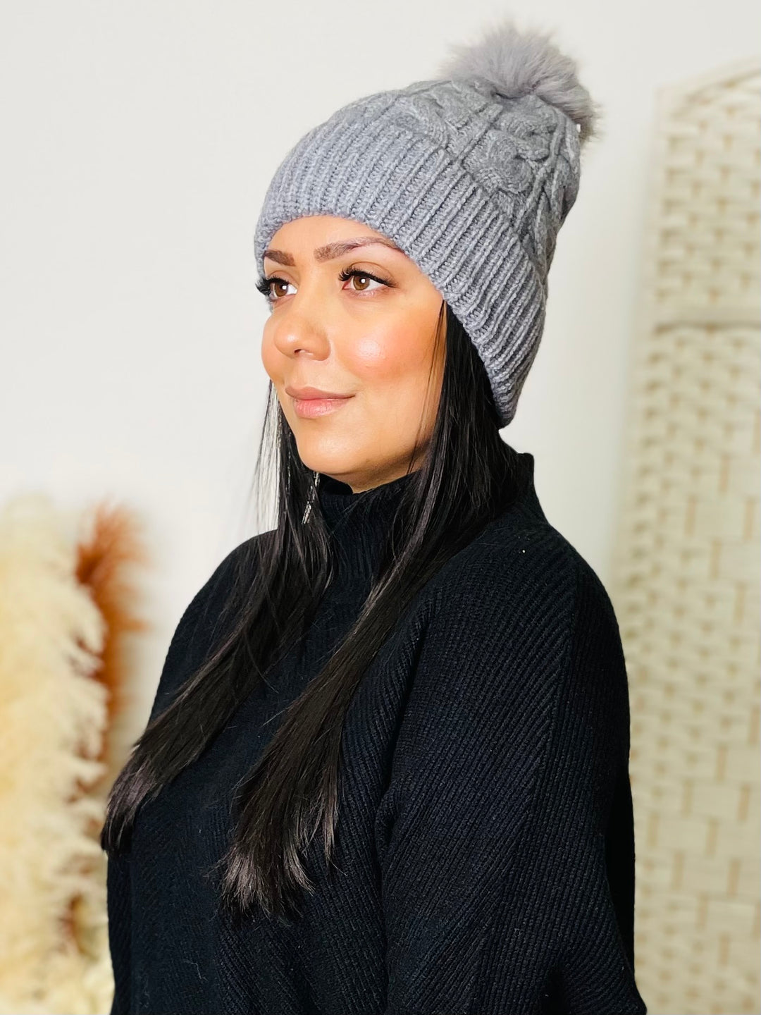 Grey Knit Faux Fur Pom Hat