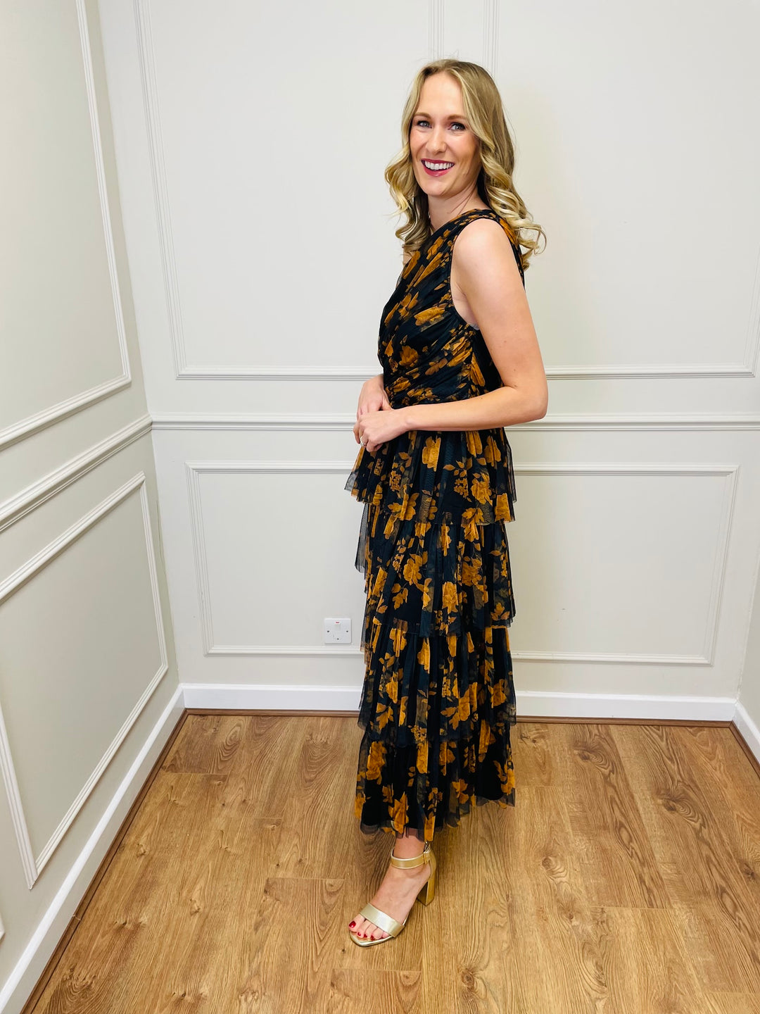 "STACEY" One Shoulder Tiered Dress-Black & Orange