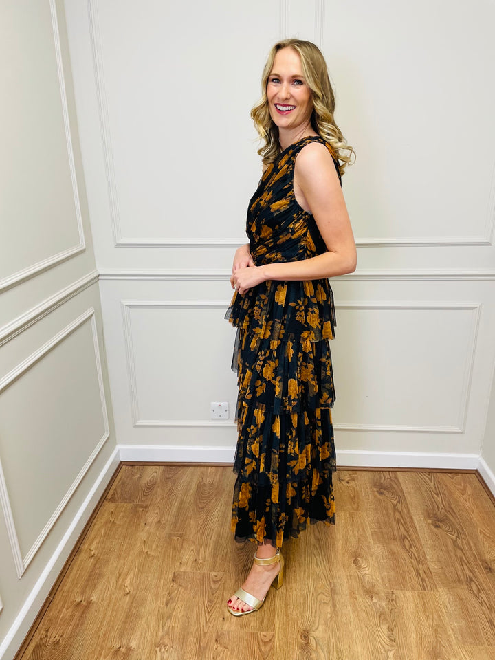 "STACEY" One Shoulder Tiered Dress-Black & Orange