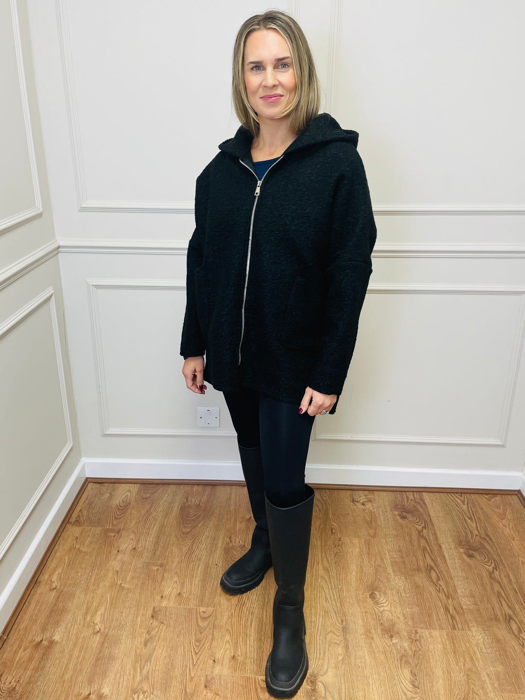 "ARLENE" Hooded Zip Coat-Black