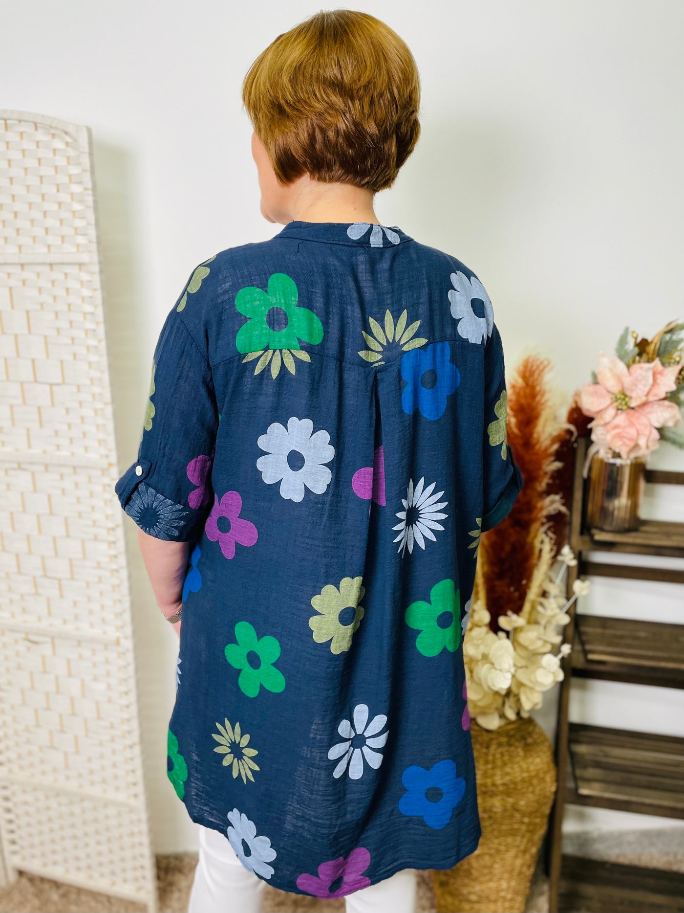 "DONNA” Floral Print Shirt-Navy & Multicolour