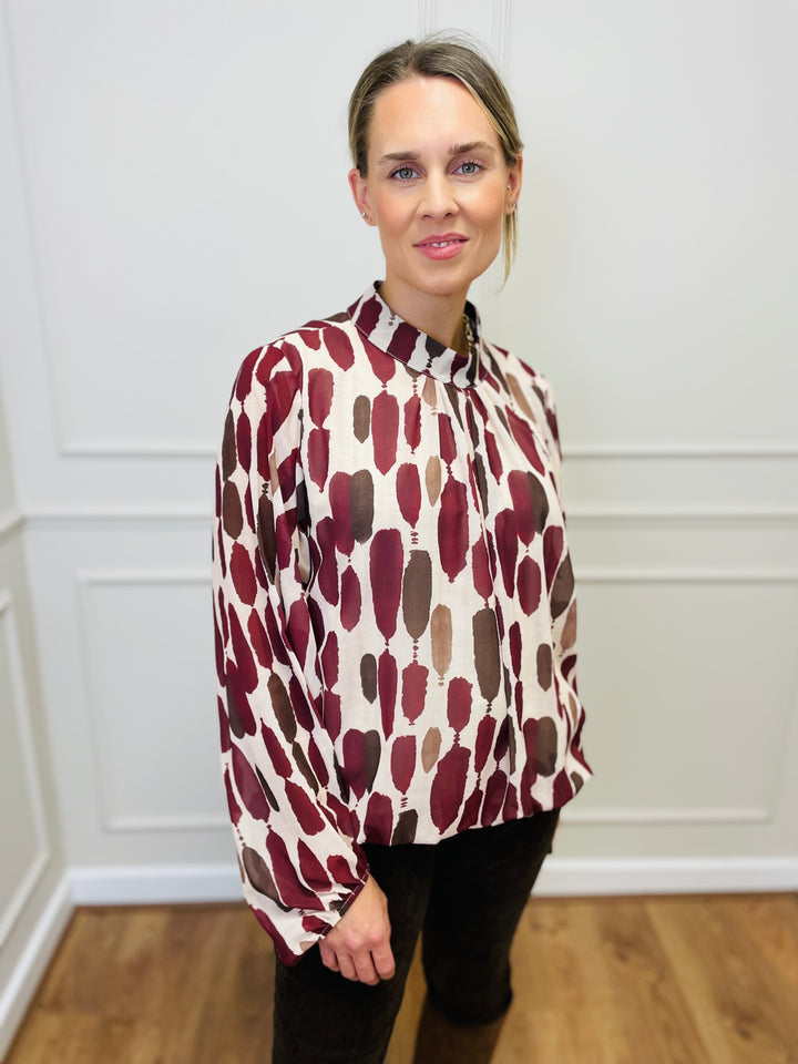 "TERESA" Abstract Print Blouse-Cream & Berry