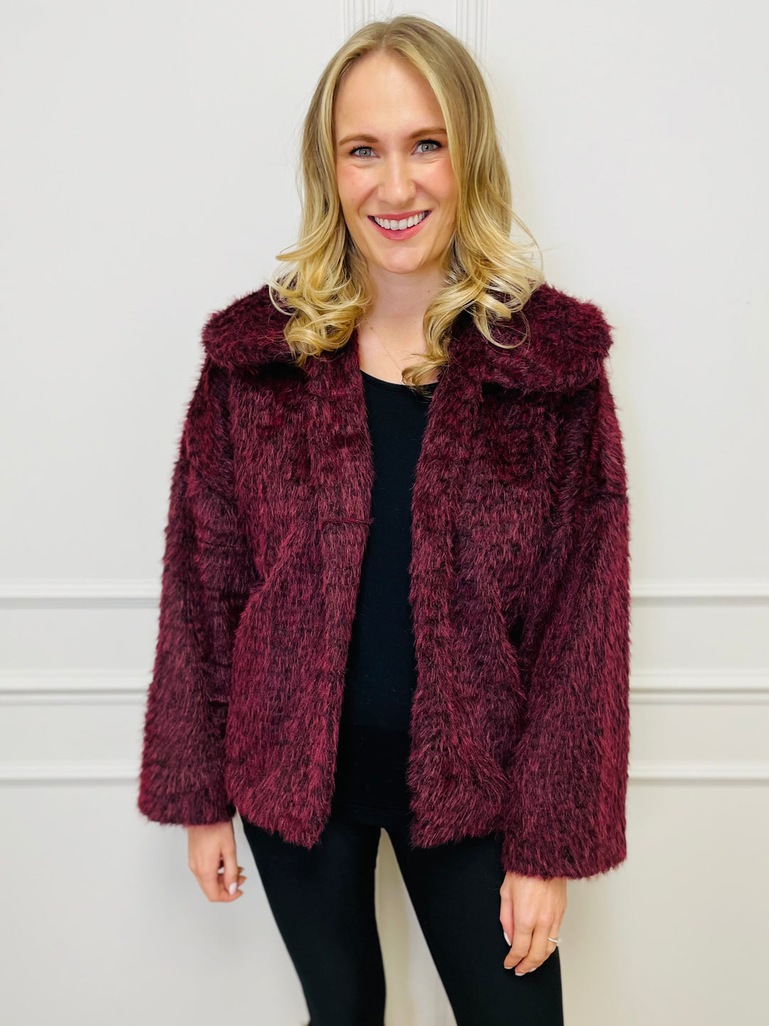"KATE" Faux Fur Coat-Burgundy