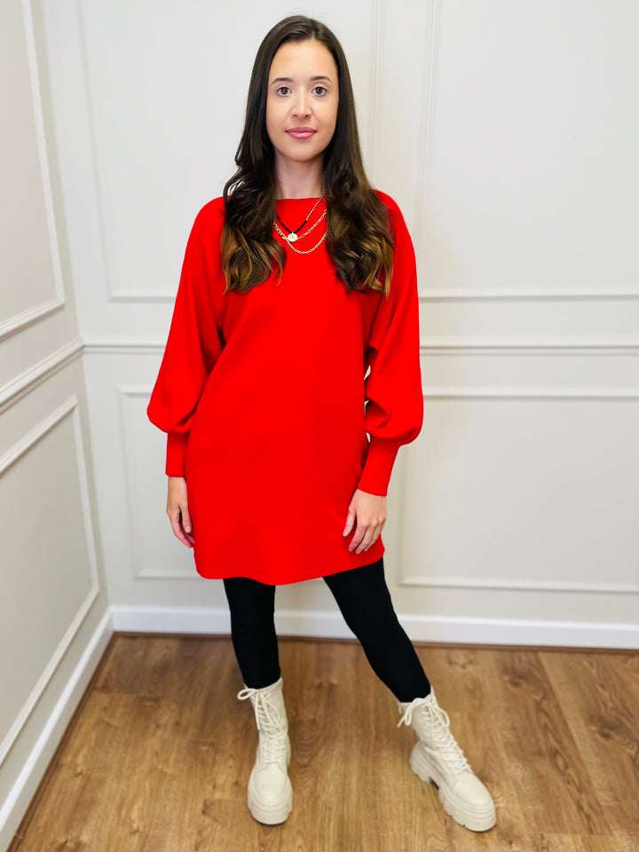 "EVELYN" Button Back Dress-Red