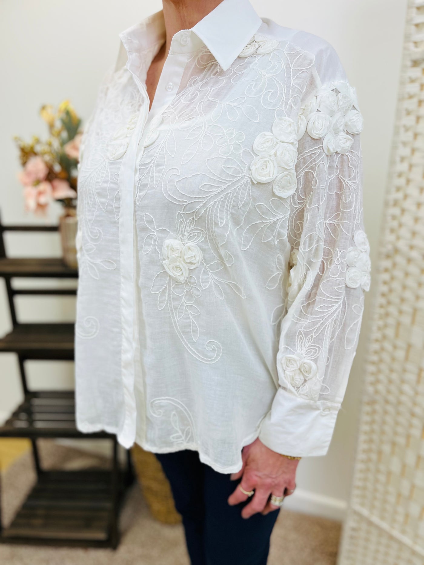 "REMI" Textured Floral Shirt-Cream